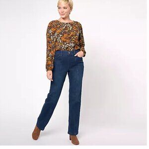 NEW Denim & Co. Cozy Touch Denim Regular Relaxed Straight Jeans 10 Dark Wash